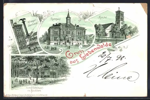 Lithographie Liebenwalde, Schützenhaus im Haidchen, Strassenpartie am Rathaus