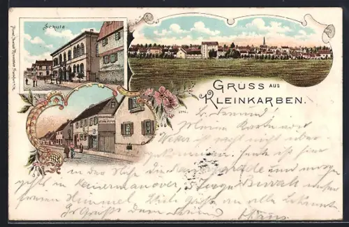 Lithographie Kleinkarben, Warenhaus von Georg Peter, Schule, Ortspanorama