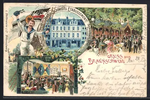Lithographie Braunschweig, Innen- und Aussenansicht Hans Schmidt's Etablissement, Schuhstr. 30-31, Matrose mit Flagge