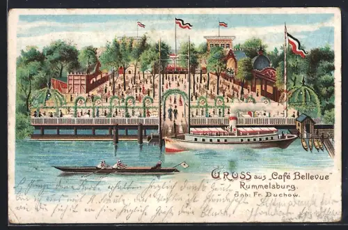 Lithographie Rummelsburg /Berlin, Cafe Bellevue, Inh. Fr. Duchow