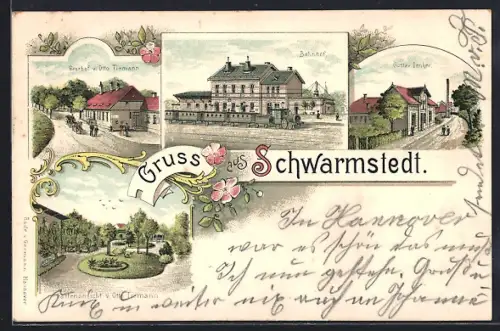 Lithographie Schwarmstedt, Gasthof v. Otto Tiemann, Gustav Denker, Bahnhof