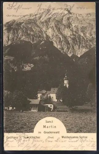 AK St. Martin im Gnadenwald, Ortsansicht mit Gasthaus z. Speckbacher, Kirche u. Walderkamm-Spitze