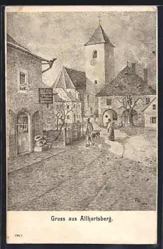 Künstler-AK Allhartsberg, Strassenpartie mit Geschäft und Kirche, Torbögen