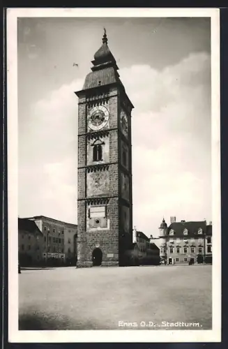 AK Enns /O. D., Stadtturm mit Gebäude-Panorama