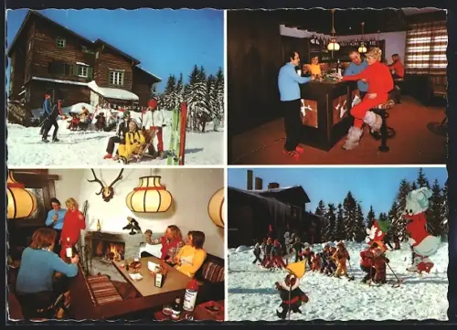 AK Mariazell, Berghotel Bürgeralpe mit Urlaubern im Winter, Gebäude- u. Innenansichten