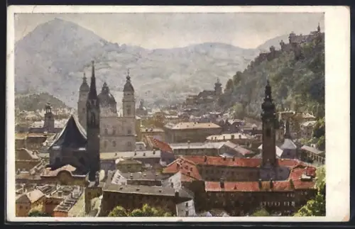 AK Salzburg, Totalansicht vom Mönchsberg