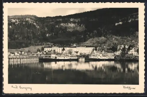 AK Bregenz, Ortspanorama mit Dampfern vom Wasser aus