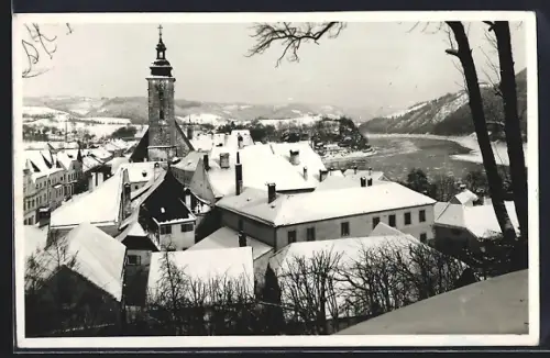 AK Grein a. d. Donau, Totalansicht im Winter aus der Vogelschau
