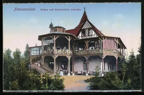 AK Franzensbad, Kaffee und Restaurant Amerika, Gebäudeansicht