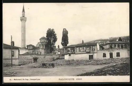 AK Salonique, Ortspartie mit Minarett, 1916
