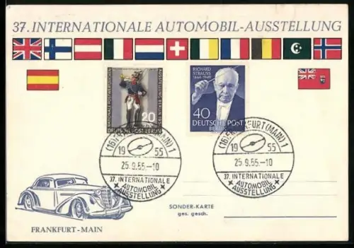 AK Frankfurt /Main, 37. Internationale Automobil-Ausstellung 1955, Auto und Landesfahnen