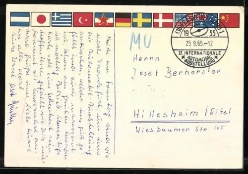 AK Frankfurt /Main, 37. Internationale Automobil-Ausstellung 1955, Auto und Landesfahnen