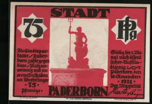 Notgeld Paderborn 1921, 75 Pfennig, Neptunstatue und Porträt von Herzog von Bayern