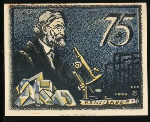 Notgeld Jena 1921, 75 Pfennig, Porträt von Ernst Abbe mit Mikroskop, Stadtwappen und Sternmotiv