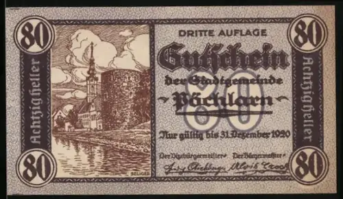 Notgeld Pöchlarn 1920, 80 Heller, Stadtansicht mit Burg und Fluss, Wappen oben, Inschriftenbänder