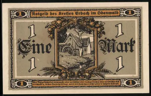 Notgeld Erbach 1918, 1 Mark, Mühle und Bäuerin mit Haus, Seriennummer 423094, Wappen des Kreises Erbach