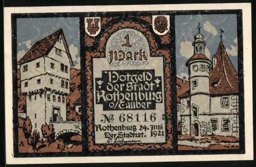 Notgeld Rothenburg o. d. Tauber 1921, 1 Mark, Stadtansichten und Inschrift, Nr. 68116, Wappen