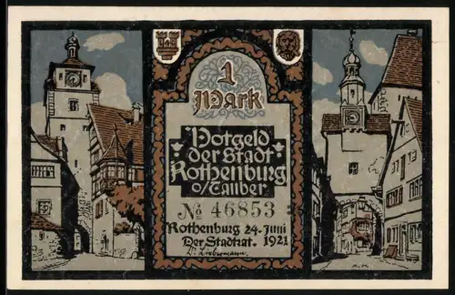 Notgeld Rothenburg 1921, 1 Mark, Stadtansicht und allegorische Figuren, Seriennummer 46853, Wappen vorhanden