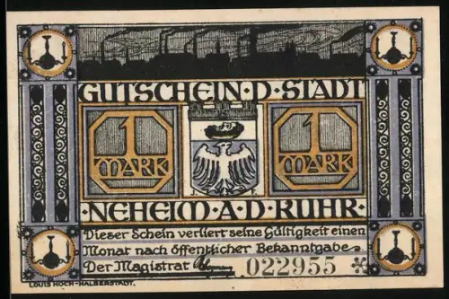 Notgeld Neheim a.d. Ruhr, 1 Mark, Fabrik mit Schornsteinen und Adler, Seriennummer 022955
