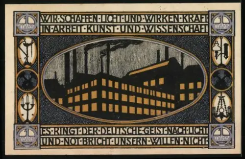 Notgeld Neheim a.d. Ruhr, 1 Mark, Fabrik mit Schornsteinen und Adler, Seriennummer 022955