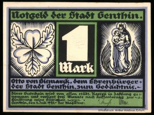 Notgeld Genthin 1921, 1 Mark, Kleeblatt und Heiligenfigur, Porträt von Bismarck, Zitate