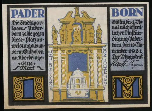 Notgeld Paderborn 1921, 1 Mark, Hochaltar und Porträt von Dietrich Adolf von der Reck