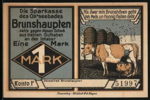 Notgeld Brunshaupten, 1 Mark, Kuh und Bienenkörbe, Ostseebad im Winter, Seriennummer 51997