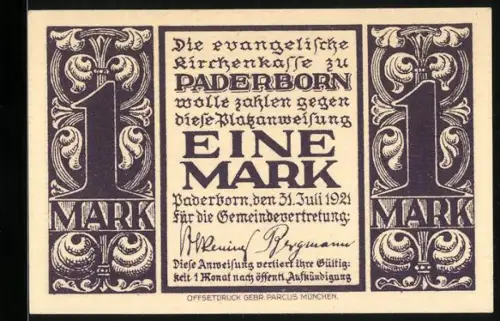 Notgeld Paderborn 1921, 1 Mark, Abdinghofkirche, Blick zum Altar, Ornamente, Seriennummer, Wappen