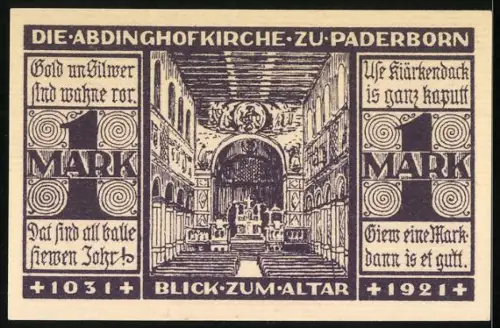 Notgeld Paderborn 1921, 1 Mark, Abdinghofkirche, Blick zum Altar, Ornamente, Seriennummer, Wappen