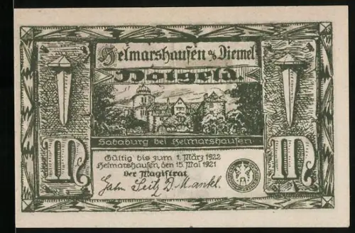 Notgeld Helmarshausen 1921, 25 Pfennig, Sababurg und mittelalterliche Szene mit Gedicht