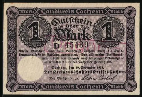 Notgeld Cochem 1918, 1 Mark, Burg Cochem, Seriennummer D 45439, Eichenlaub-Muster, Stempel: UNGÜLTIG