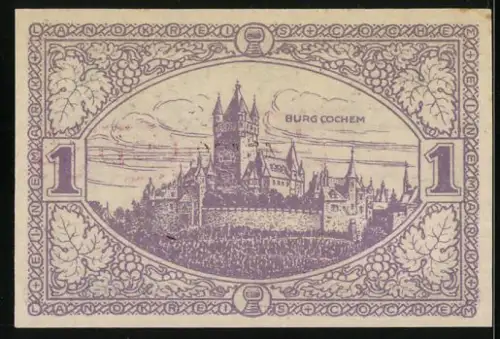 Notgeld Cochem 1918, 1 Mark, Burg Cochem, Seriennummer D 45439, Eichenlaub-Muster, Stempel: UNGÜLTIG