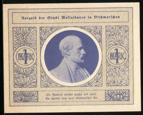 Notgeld Wesselburen, 1 Mark, Friedrich Hebbel Porträt, Landschaft mit Kühen, Seriennummer 10719