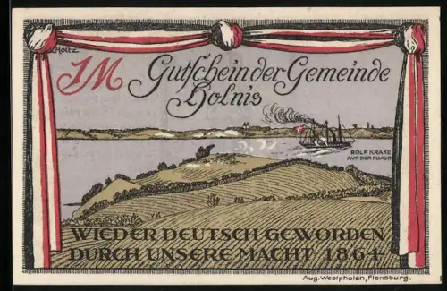 Notgeld Holnis 1920, 1 Mark, Landschaft und Wappen, Seriennummer 01497, Umschrift und Briefmarke