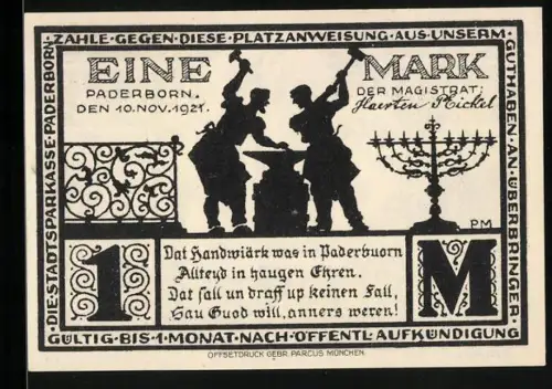 Notgeld Paderborn 1921, 1 Mark, Schmiedehandwerk und Haus Levermänn-Motiv