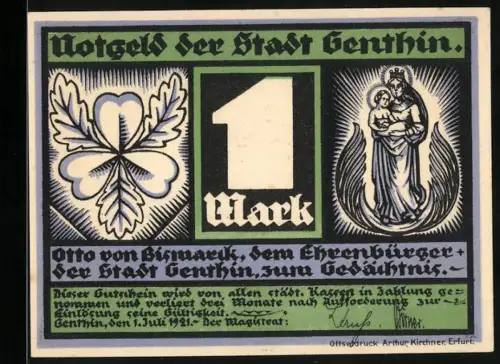 Notgeld Genthin 1921, 1 Mark, Kleeblatt und Heilige, Porträt mit Spruch, Otto von Bismarck