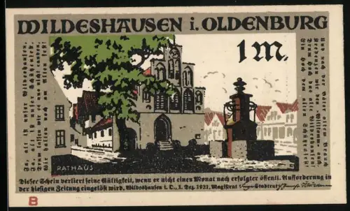 Notgeld Wildeshausen 1921, 1 Mark, Rathaus und Gerichtsszene mit Spruch