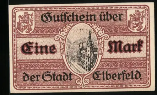 Notgeld Elberfeld 1918, 1 Mark, Stadtansicht und Wappen, Seriennummer A 38838