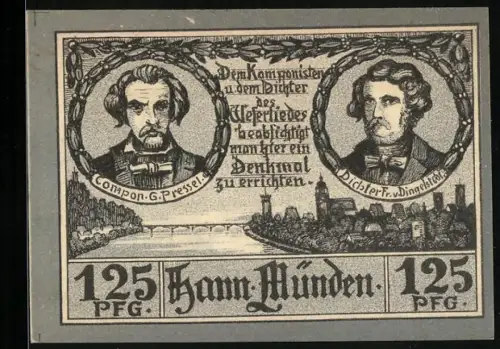 Notgeld Hann. Münden, 125 Pfg., Porträts von Pressel und Dingelstedt, Weserlandschaft mit Noten und Text