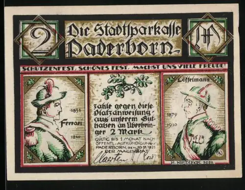 Notgeld Paderborn 1921, 2 Mark, Schützenfest mit Trachtenfiguren und Königinnenauffahrt