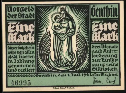 Notgeld Genthin 1921, 1 Mark, Madonna mit Kind und Turmlandschaft, Seriennummer 46995