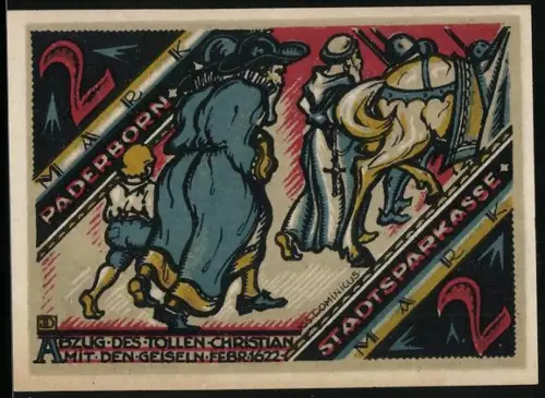 Notgeld Paderborn 1922, 2 Mark, Zug des tollen Christian und Münzmotiv