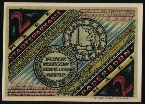 Notgeld Paderborn 1922, 2 Mark, Zug des tollen Christian und Münzmotiv