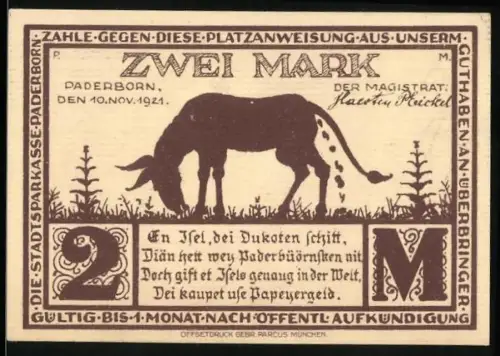Notgeld Paderborn 1921, 2 Mark, Eselmotiv mit Spruch, Eselgasse-Szene