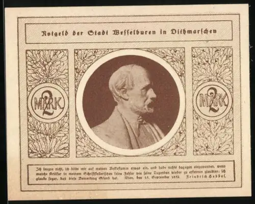Notgeld Wesselburen 1921, 2 Mark, Porträt und Landschaft mit Kühen, Seriennummer 15955