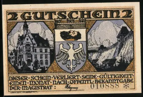 Notgeld Neheim an der Ruhr, 2 Mark, Wappen und Stadtszenen, Seriennummer 010888