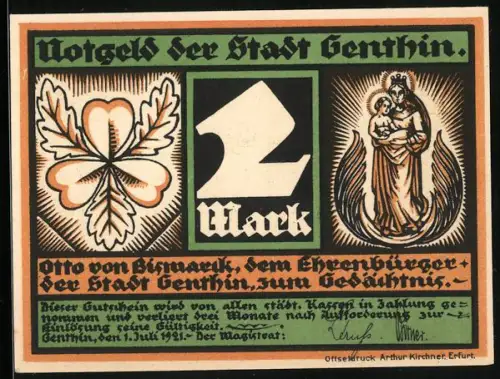 Notgeld Genthin 1921, 2 Mark, Bismarck, Mutter mit Kind, Blattmotiv, Porträt mit Spruch Wie Gott will: es ist