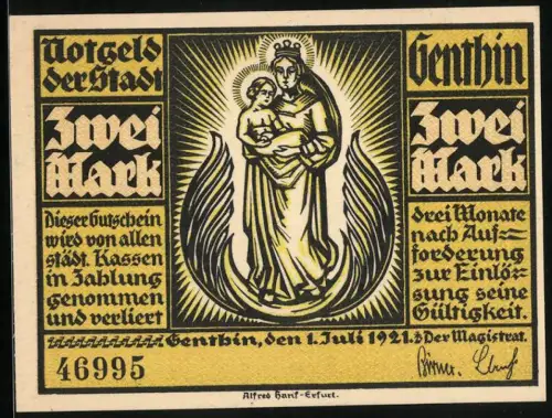 Notgeld Genthin 1921, 2 Mark, Madonna mit Kind, Stadtansicht mit Turm, Seriennummer 46995