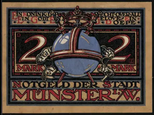 Notgeld Münster 1921, 2 Mark, gekrönter Globus und König mit Zepter