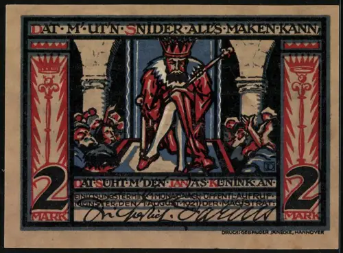 Notgeld Münster 1921, 2 Mark, gekrönter Globus und König mit Zepter